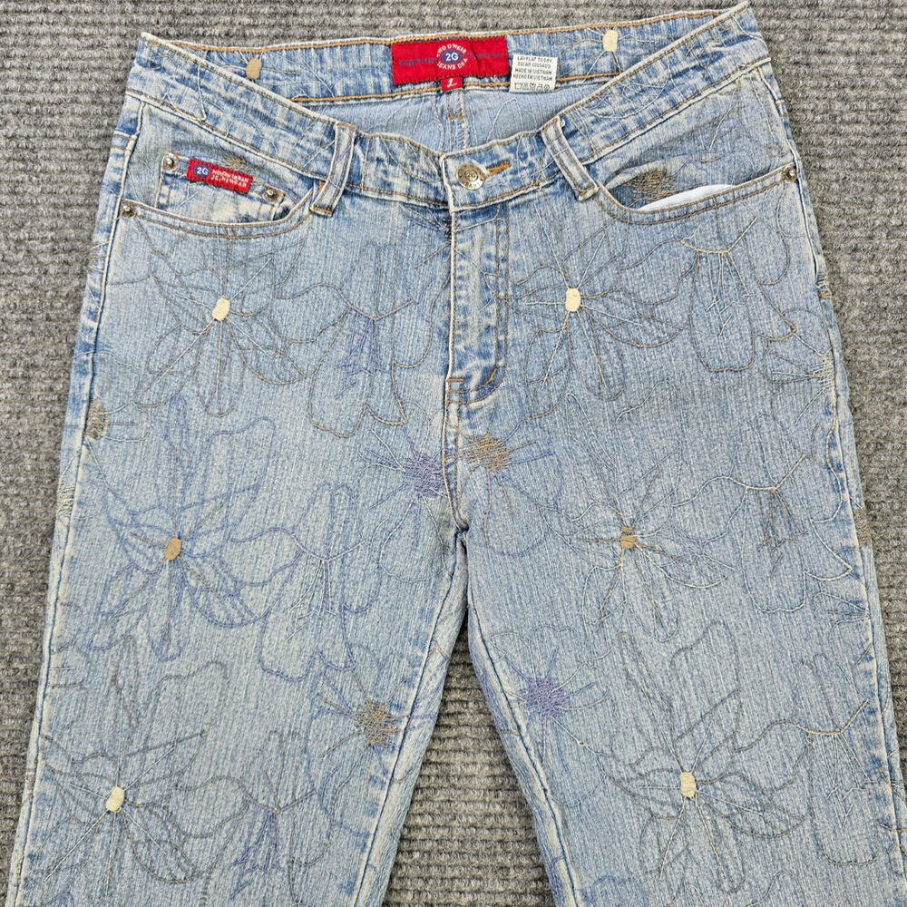 Y2K Floral Embroidered Flare Jeans Womens 28x32 Low Rise Boho Festival
